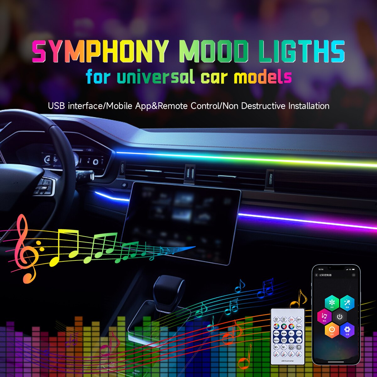 Car LED Ambient Light USB 64 C - Led El Wire 评论和价格